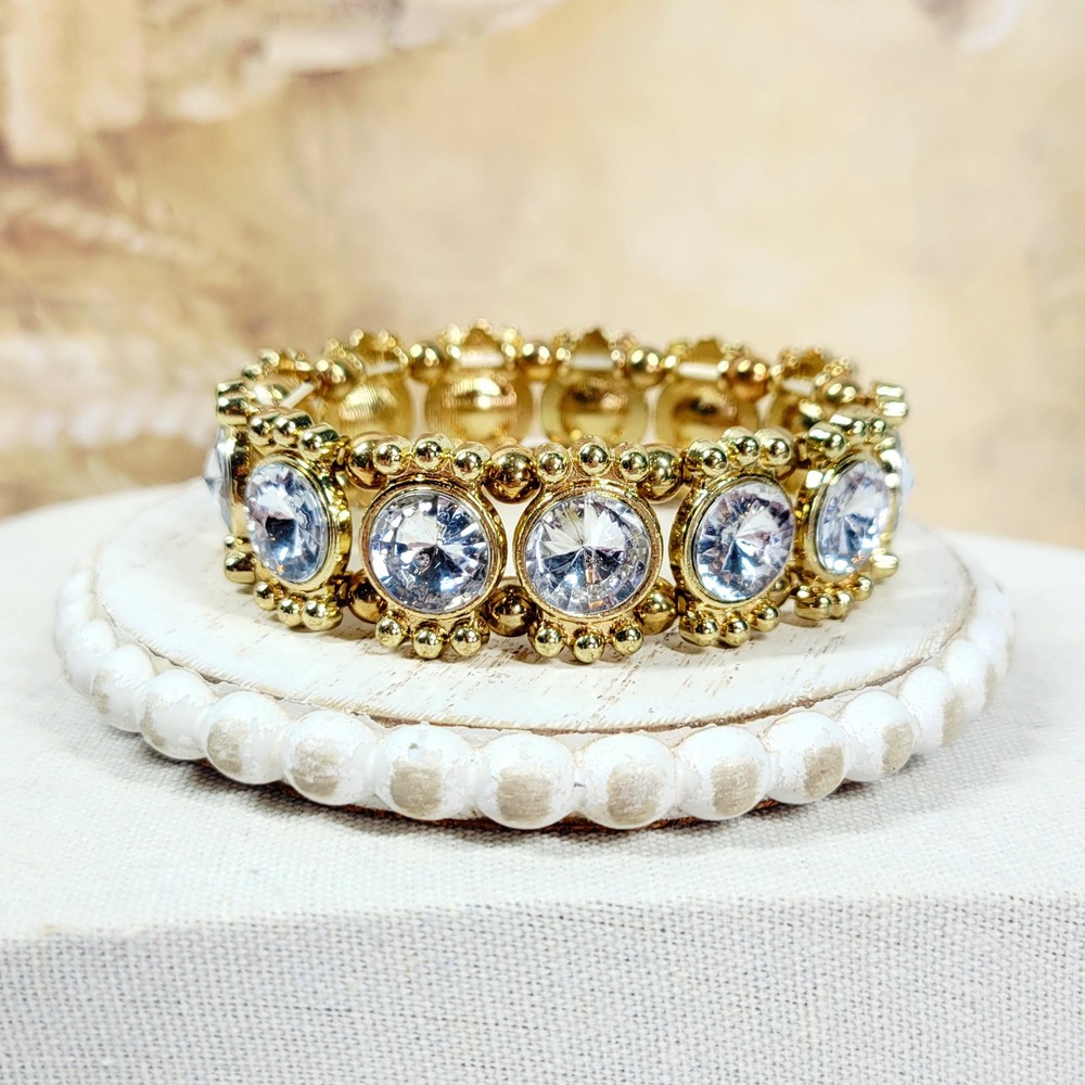 Vintage Gold Tone Faceted Rhinestone Stretch Bracelet Chunky Statement Crystals